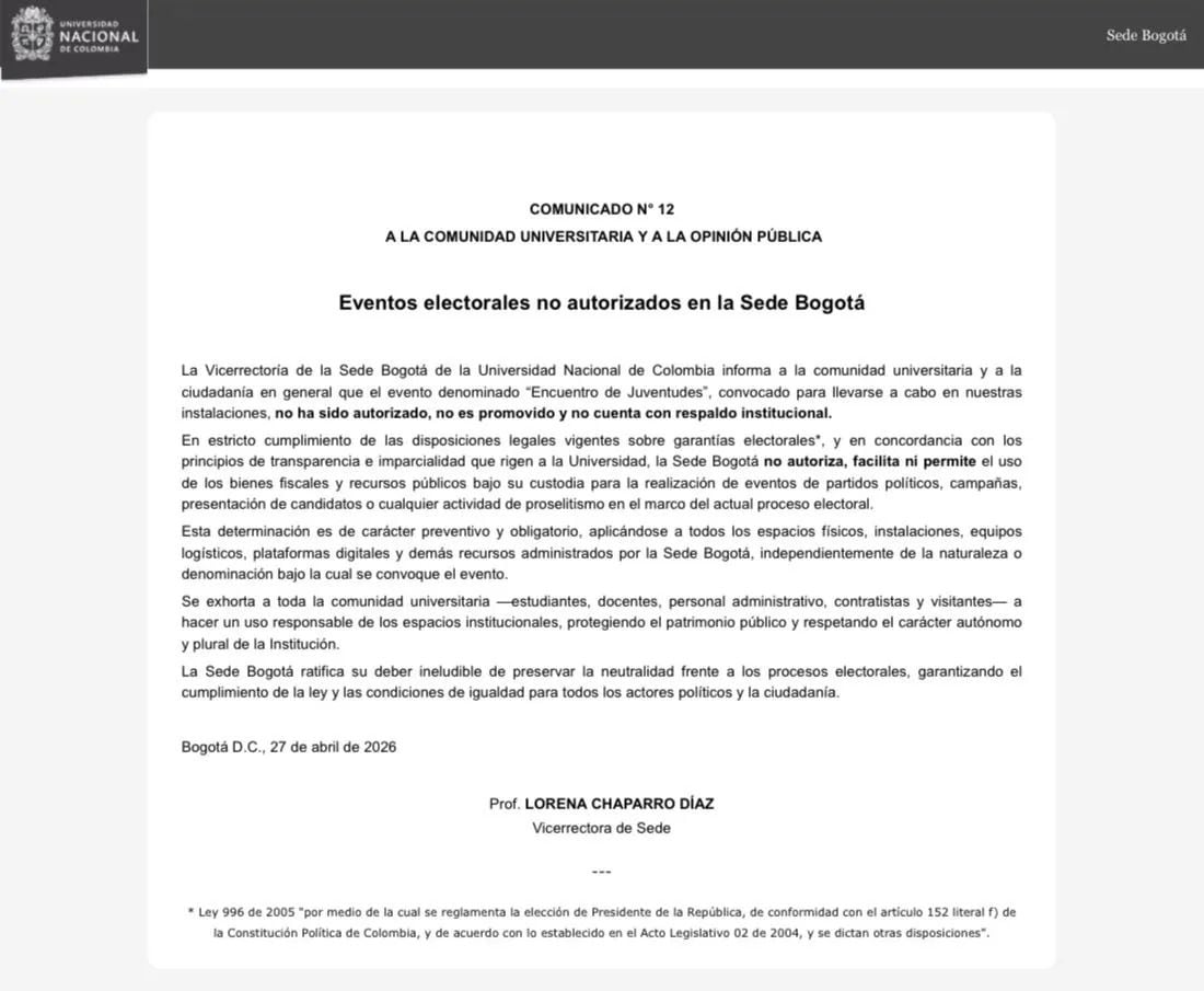 Universidad Nacional lanza advertencia por evento político en Bogotá: aseguró que no fue autorizado