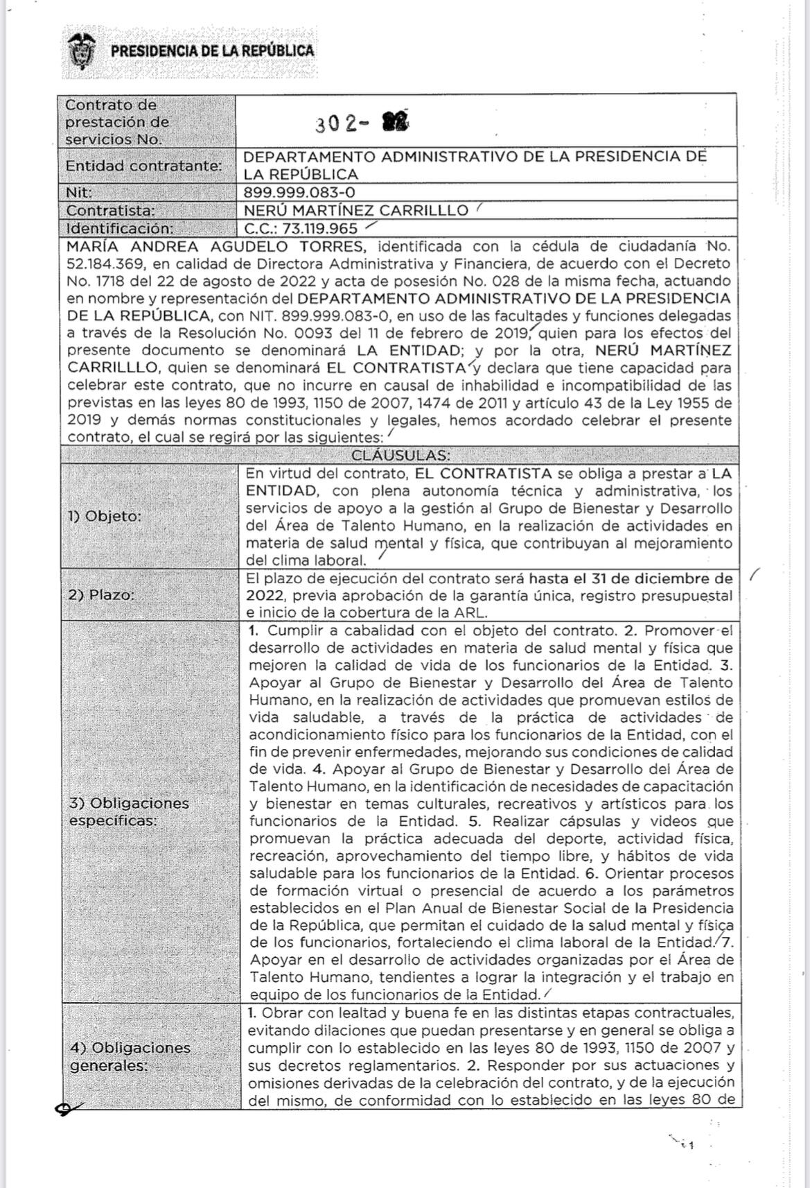 Contrato Presidencia y balarín Nerú