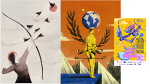 En esta imagen, los trabajos de Alejandra Vélez Giraldo, Carlos Santiago López y el afiche oficial del evento en 2021.