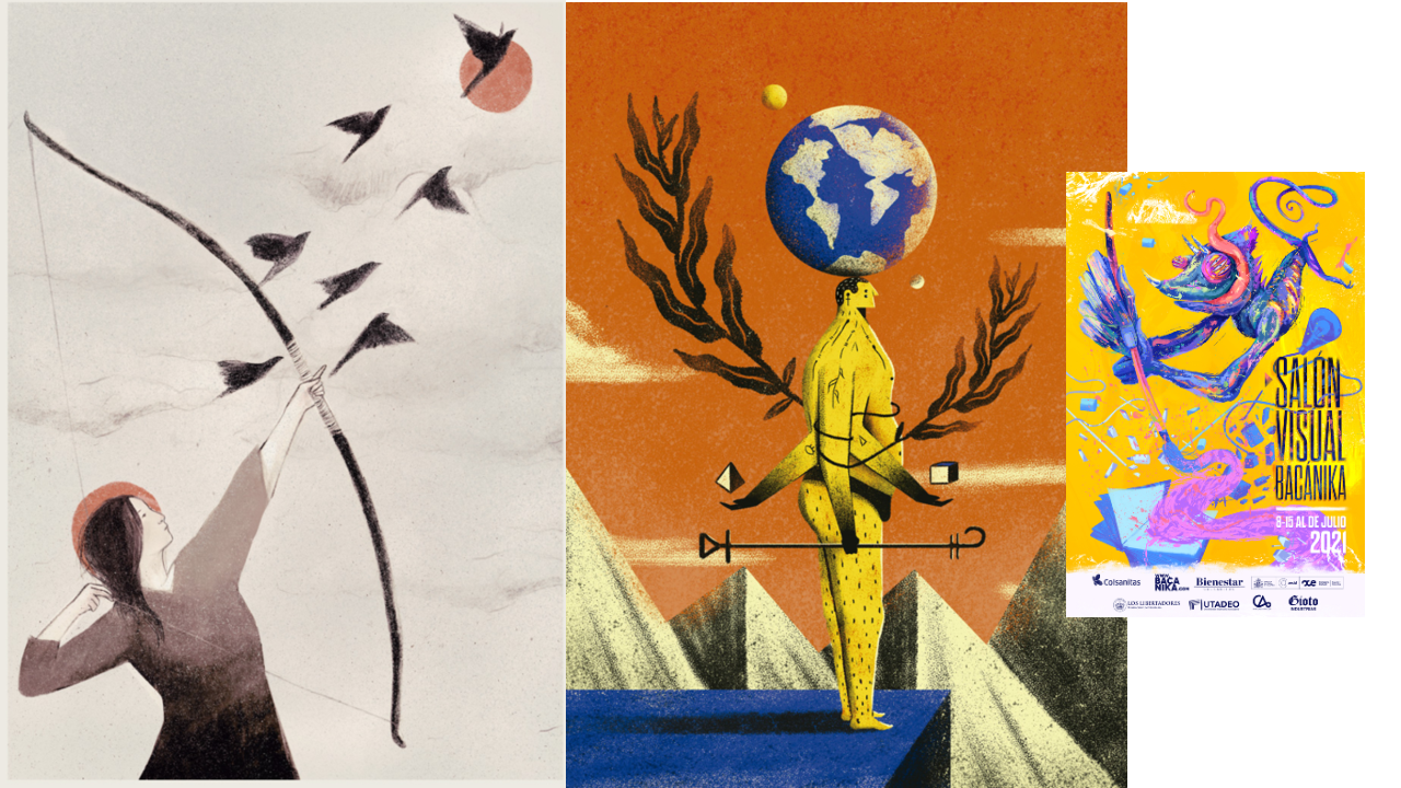 En esta imagen, los trabajos de Alejandra Vélez Giraldo, Carlos Santiago López y el afiche oficial del evento en 2021.
