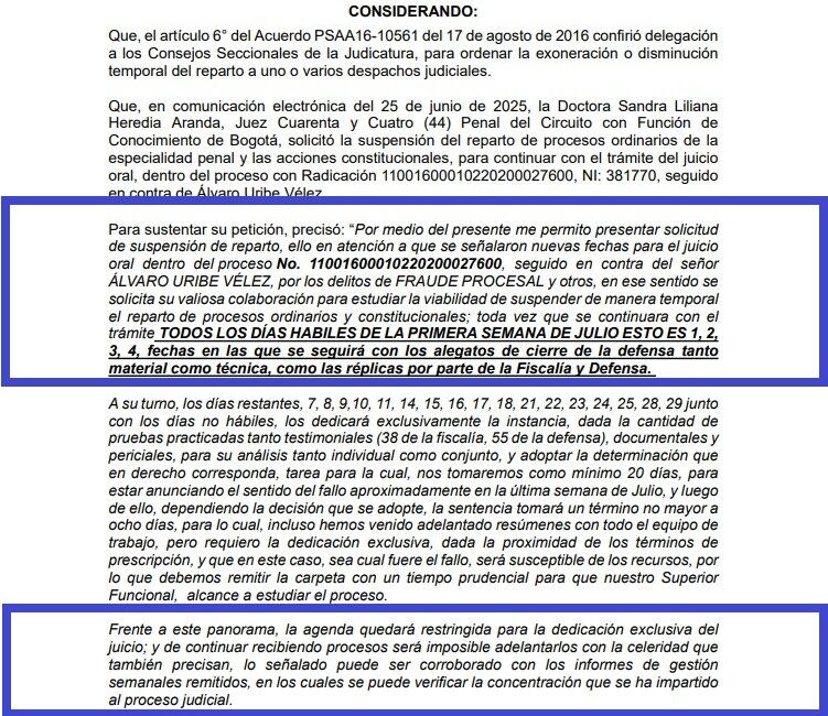 Judicatura avala petición de la jueza que adelanta el proceso contra el expresidente Álvaro Uribe Vélez.