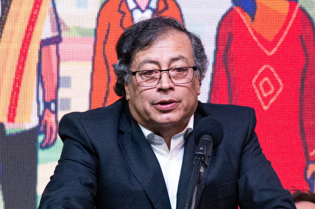 Colombian president Gustavo Petro gives a speech during a ceremony to begin a six-month cease-fire as part of a process to begin a permanent peace between the ELN and the government in Bogota, Colombia on August 3, 2023. (Photo by Sebastian Barros/NurPhoto via Getty Images)