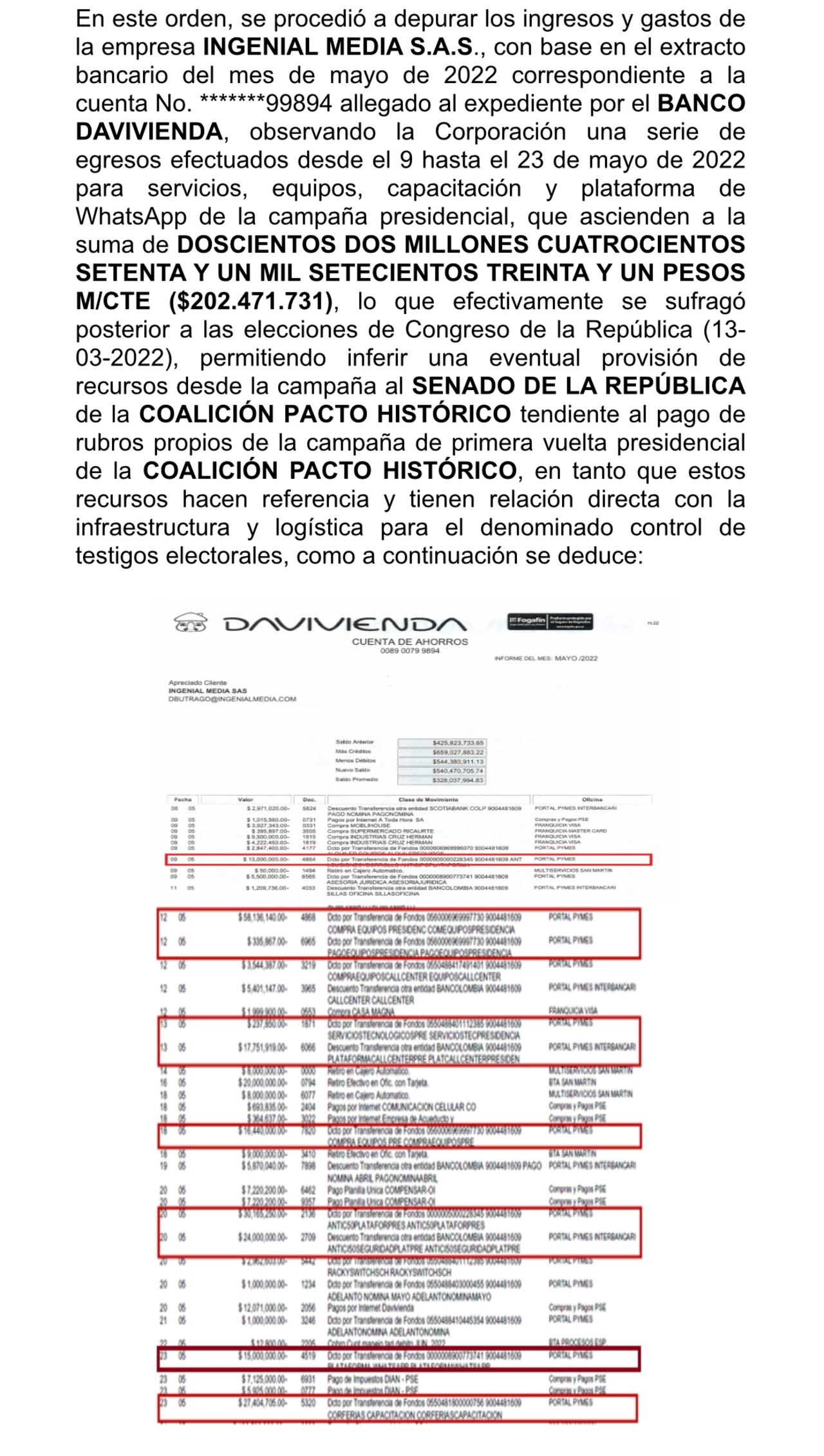 Documento reporte de pagos desde la campaña al Senado 2022 del Pacto Histórico.