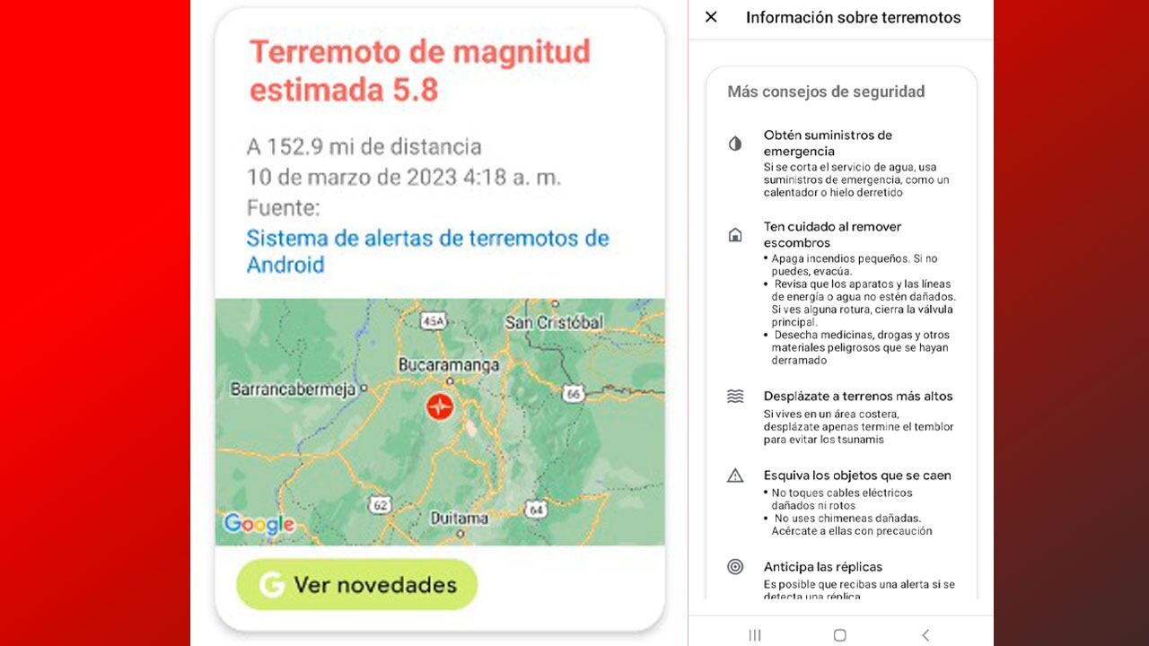 Reporte de emergencias que Google genera en teléfonos Android.