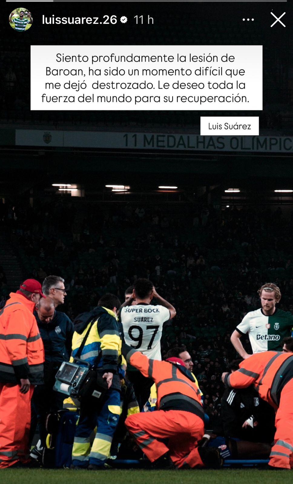 Historia de Luis Javier Suárez lamentando la lesión de Antoine Baroan.