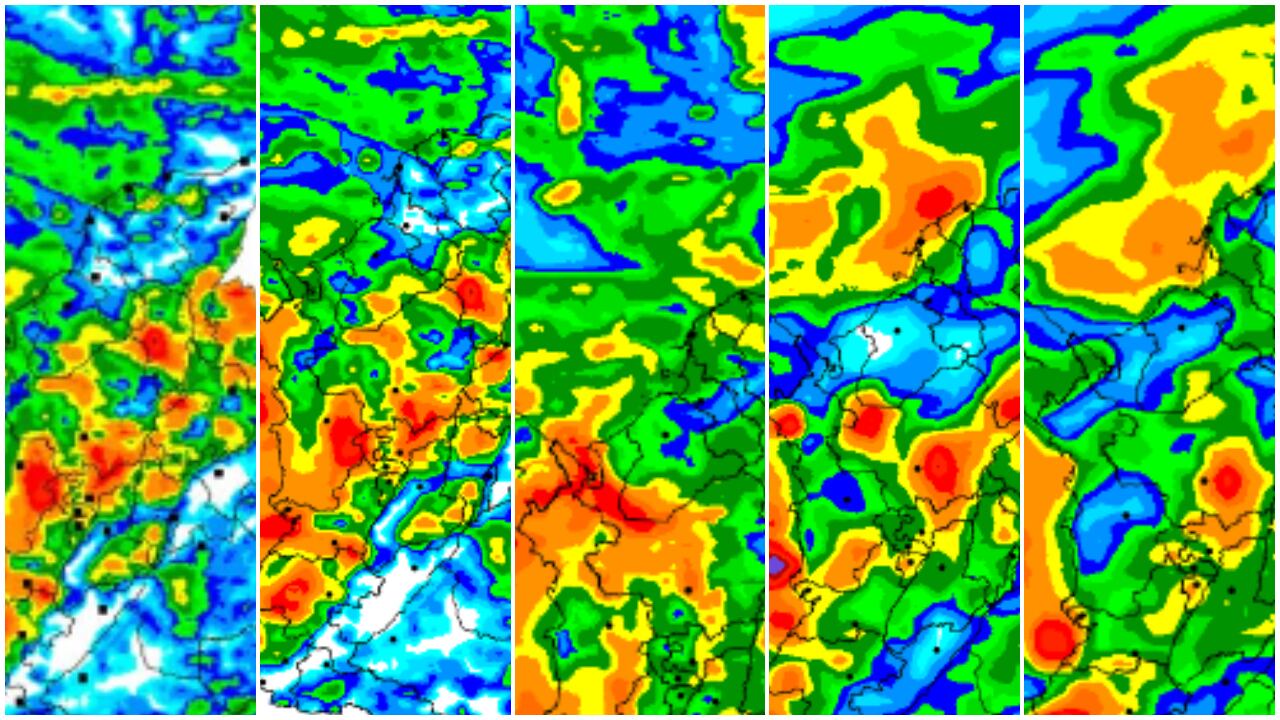 La escala de colores indica la cantidad de precipitación acumulada para el lunes 20 de octubre de 2025, martes 21 de octubre de 2025, miércoles 22 de octubre de 2025, jueves 23 de octubre de 2025 y viernes 24 de octubre de 2025, respectivamente