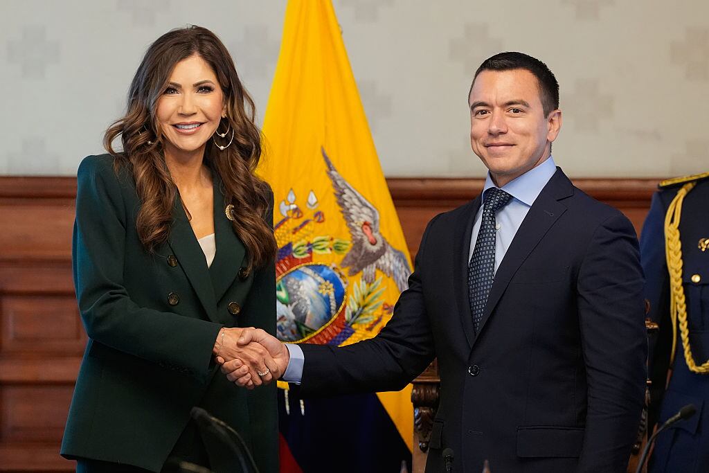 QUITO, ECUADOR - JULY 31: U.S. Homeland Security Secretary Kristi Noem (L) and President of Ecuador Daniel Noboa shake hands at the Ecuadorian Presidential Palace on July 31, 2025 in Quito, Ecuador. Noem is on a multi-day visit to Argentina, Chile, and Paraguay. (Photo by Alex Brandon-Pool/Getty Images)