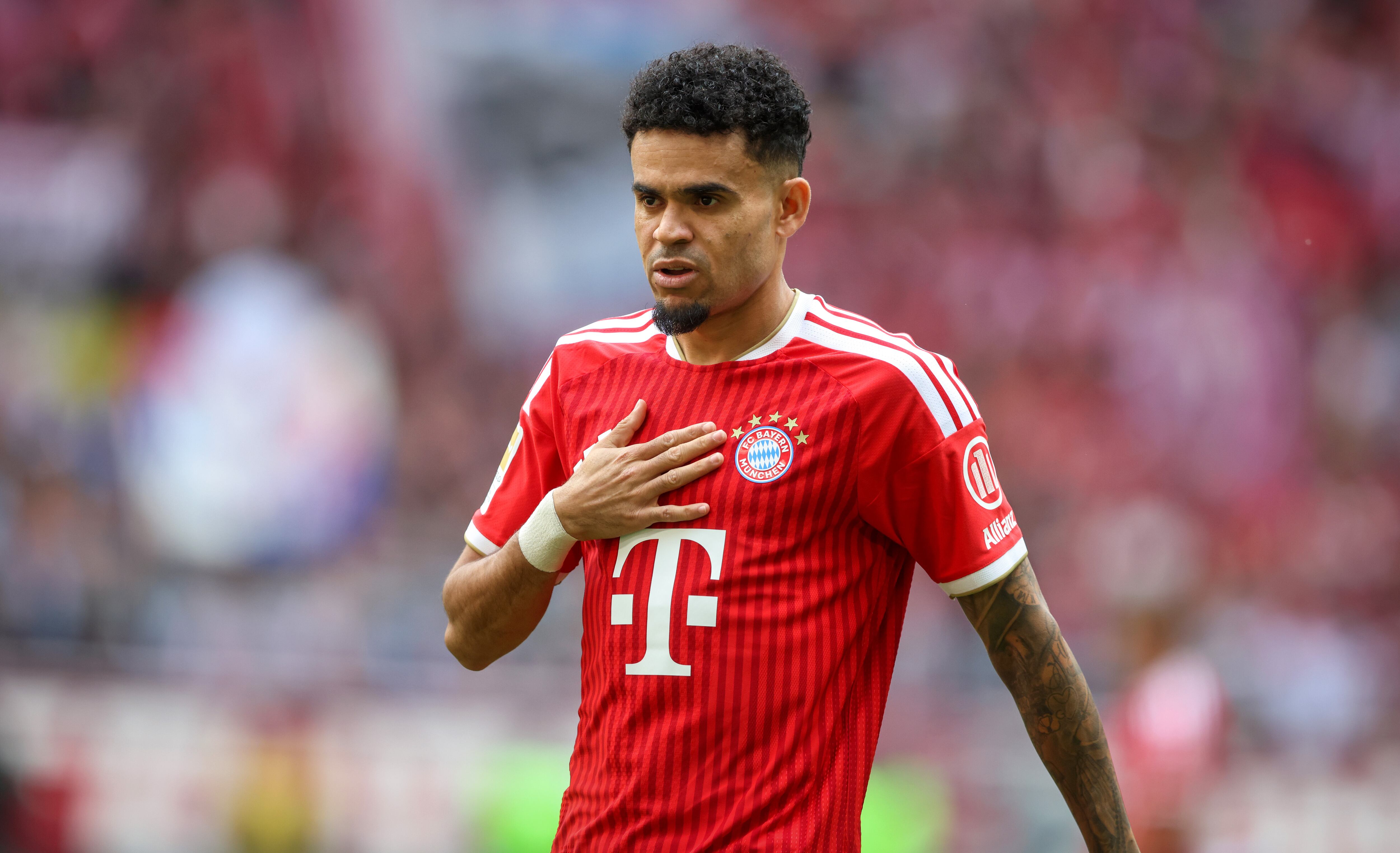 MUNICH, GERMANY - MAY 16: Luis Diaz of Bayern Muenchen reacts  during the Bundesliga match between FC Bayern München and 1. FC Köln at Allianz Arena on May 16, 2026 in Munich, Germany. (Photo by Stefan Matzke - sampics/Getty Images)