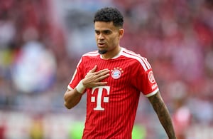 MUNICH, GERMANY - MAY 16: Luis Diaz of Bayern Muenchen reacts during the Bundesliga match between FC Bayern München and 1. FC Köln at Allianz Arena on May 16, 2026 in Munich, Germany. (Photo by Stefan Matzke - sampics/Getty Images)