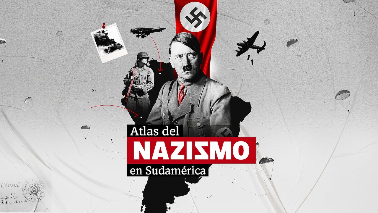 Portada Atlas del Nazismo: busto de Hitler acompañado de esvásticas sobre el mapa de Sudamérica