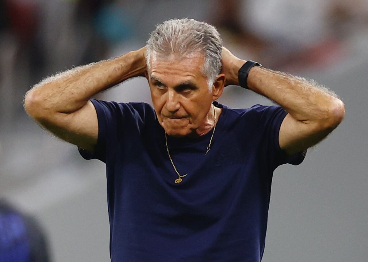 Soccer Football - FIFA World Cup Qatar 2022 - Group B - Iran v United States - Al Thumama Stadium, Doha, Qatar - November 29, 2022 Iran coach Carlos Queiroz reacts REUTERS/Kai Pfaffenbach