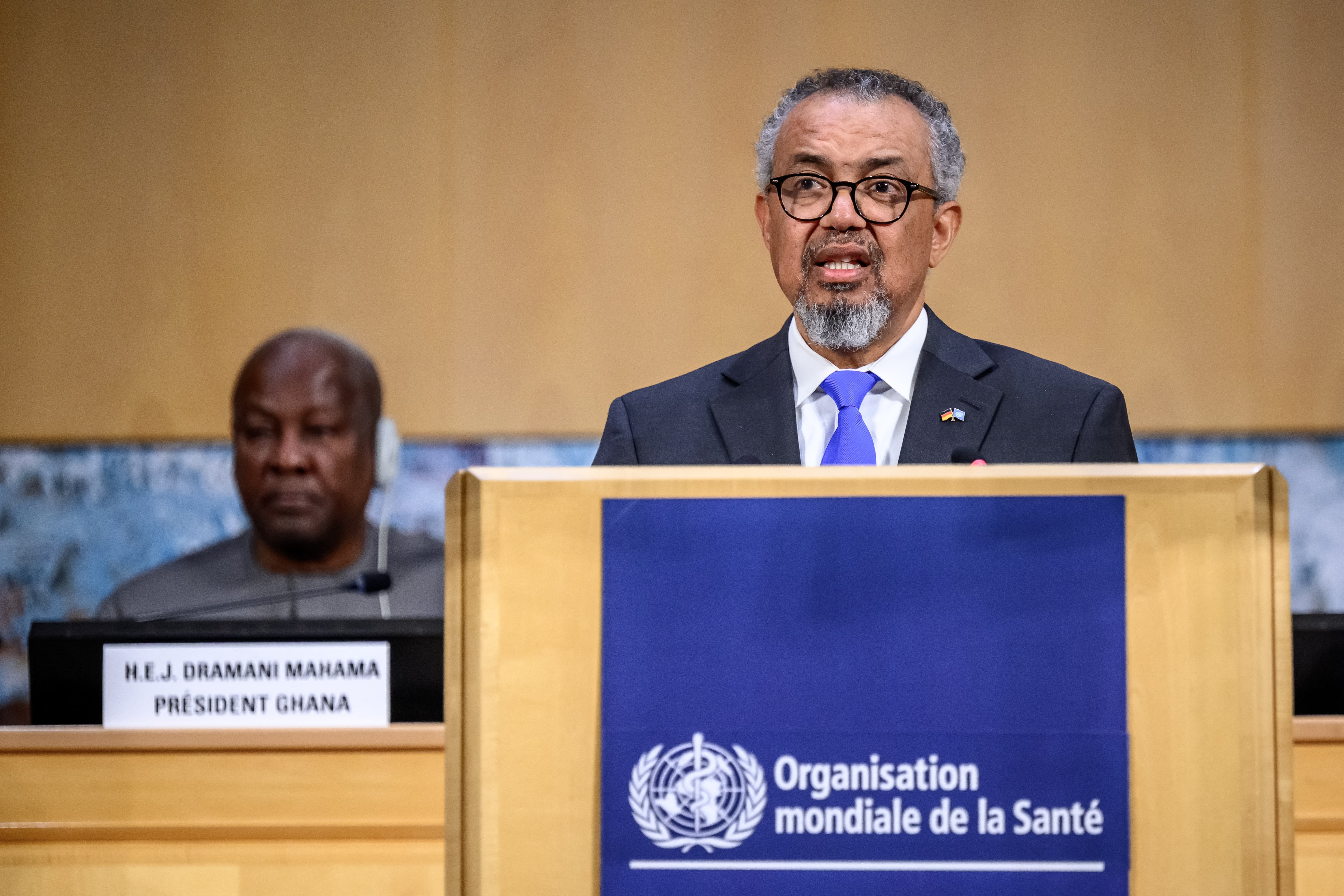 World Health Organization (WHO) Director-General Tedros Adhanom Ghebreyesus delivers a speech at the opening of the 79th World Health Organization (WHO) assembly in Geneva, on May 18, 2026. WHO member states gather for their annual meeting in Geneva amid concern over deadly hantavirus and Ebola outbreaks and uncertainty over announced US and Argentinian withdrawals. (Photo by Fabrice COFFRINI / AFP)
