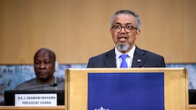 World Health Organization (WHO) Director-General Tedros Adhanom Ghebreyesus delivers a speech at the opening of the 79th World Health Organization (WHO) assembly in Geneva, on May 18, 2026. WHO member states gather for their annual meeting in Geneva amid concern over deadly hantavirus and Ebola outbreaks and uncertainty over announced US and Argentinian withdrawals. (Photo by Fabrice COFFRINI / AFP)