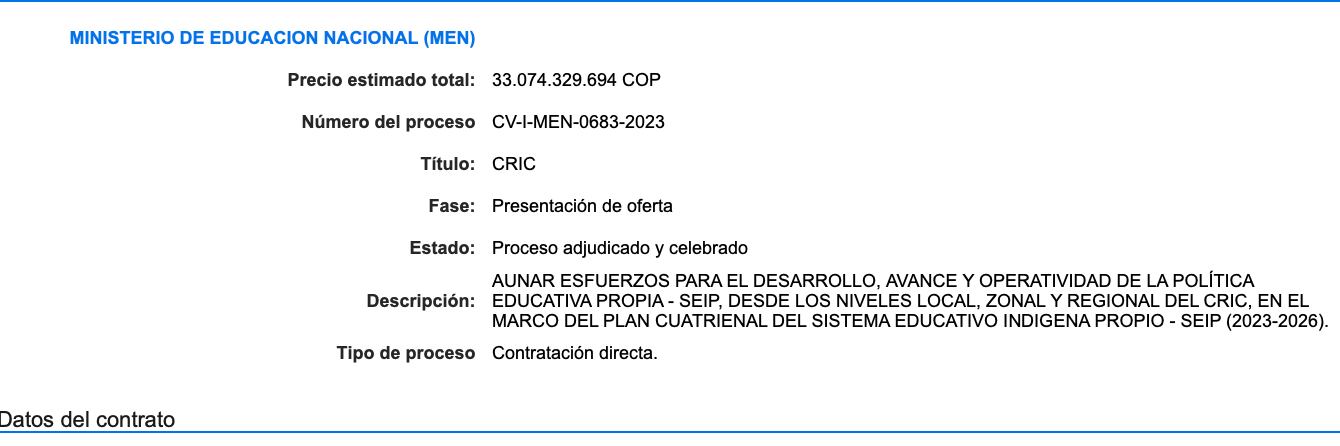 Contrato entre el Cric y el Ministerio de Educación.