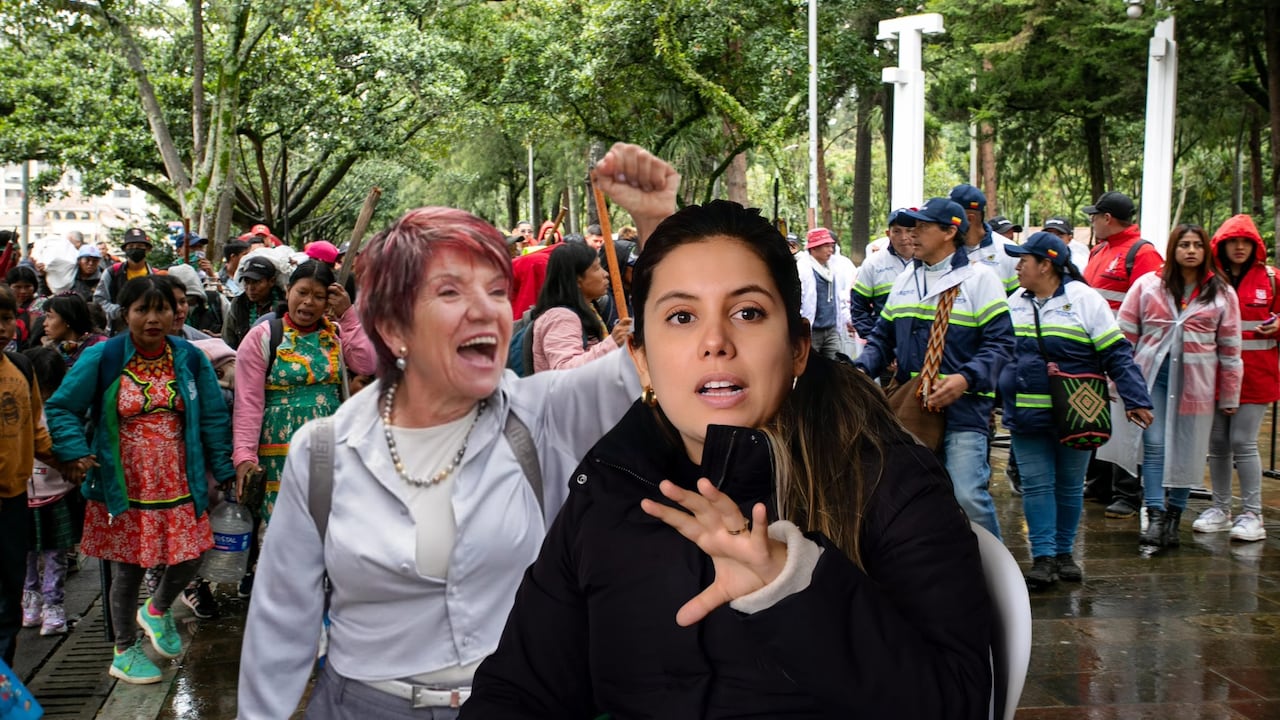 En primer plano, Isabelita Mercado, consejera de derechos humanos de la Alcaldía de Bogotá; detrás, Gloria Cuartas, directora general encargada de la Unidad para las Víctimas; al fondo, emberás en el Parque Nacional de Bogotá.