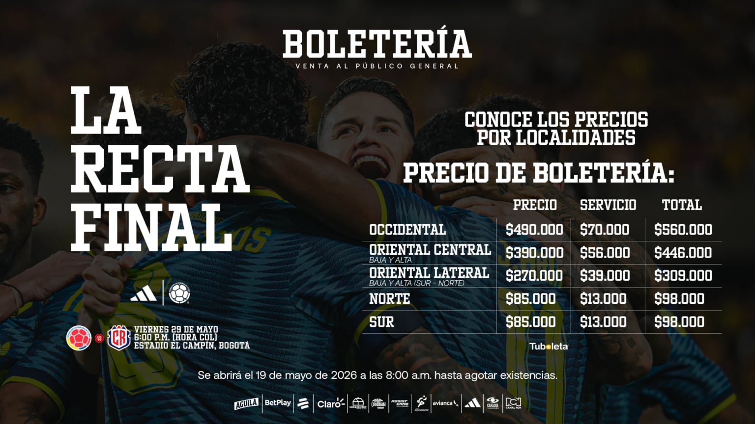 Boletería Selección Colombia. Los precios que costarán las entradas del amistoso entre la Tricolor y Costa Rica, programado para el 29 de mayo