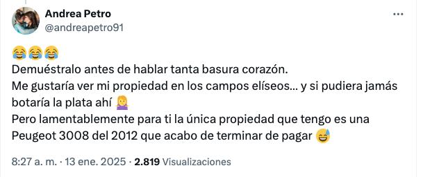 La publicación en X de Andrea Petro.