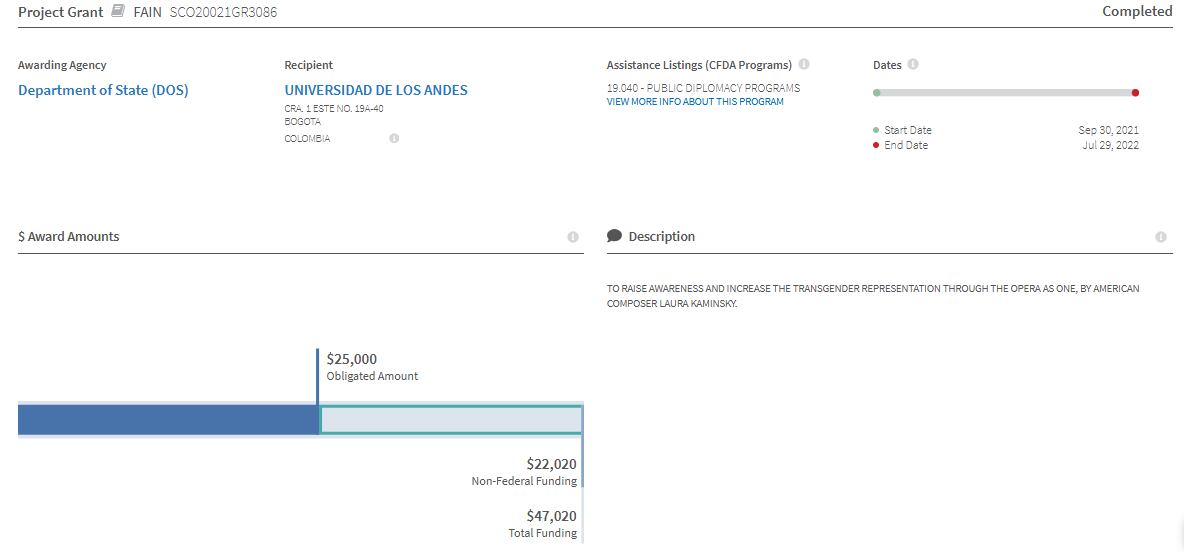 Captura de pantalla de la financiación de Estados Unidos a la obra "As One"