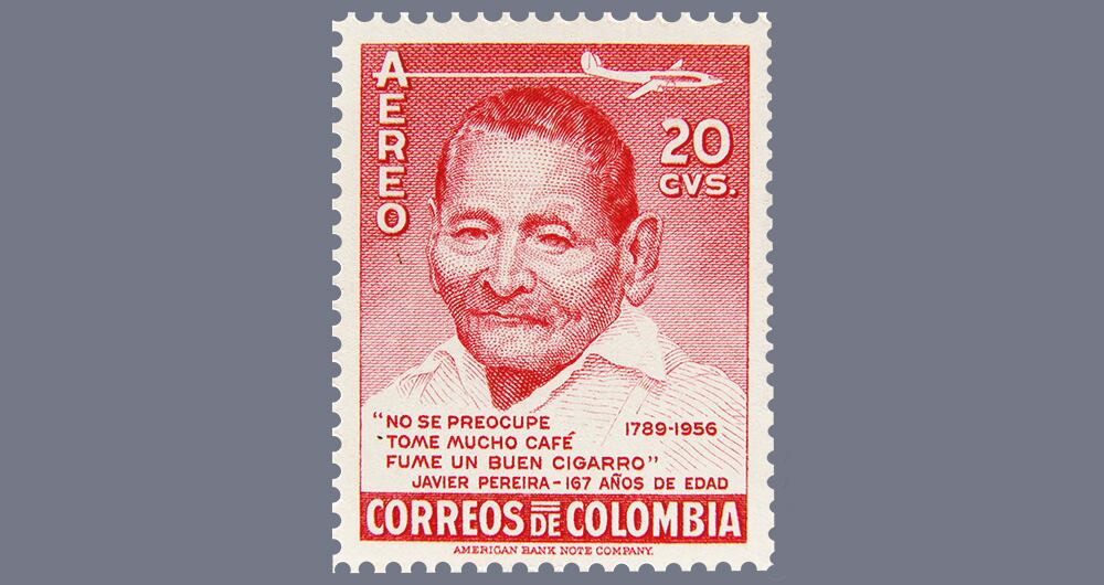 La estampilla que Colombia le dedicó a Javier Pereira como el hombre más longevo del mundo en 1956.