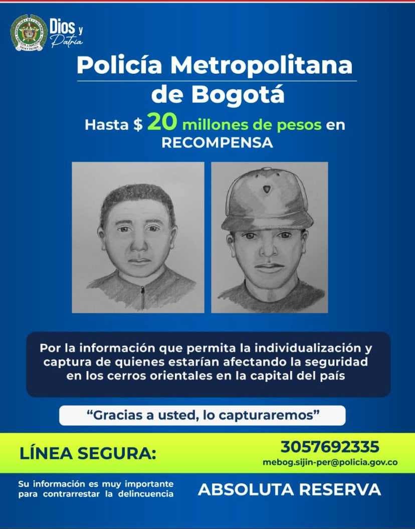 Recompensa de hasta $20 millones por los ladrones de los cerros orientales en Bogotá