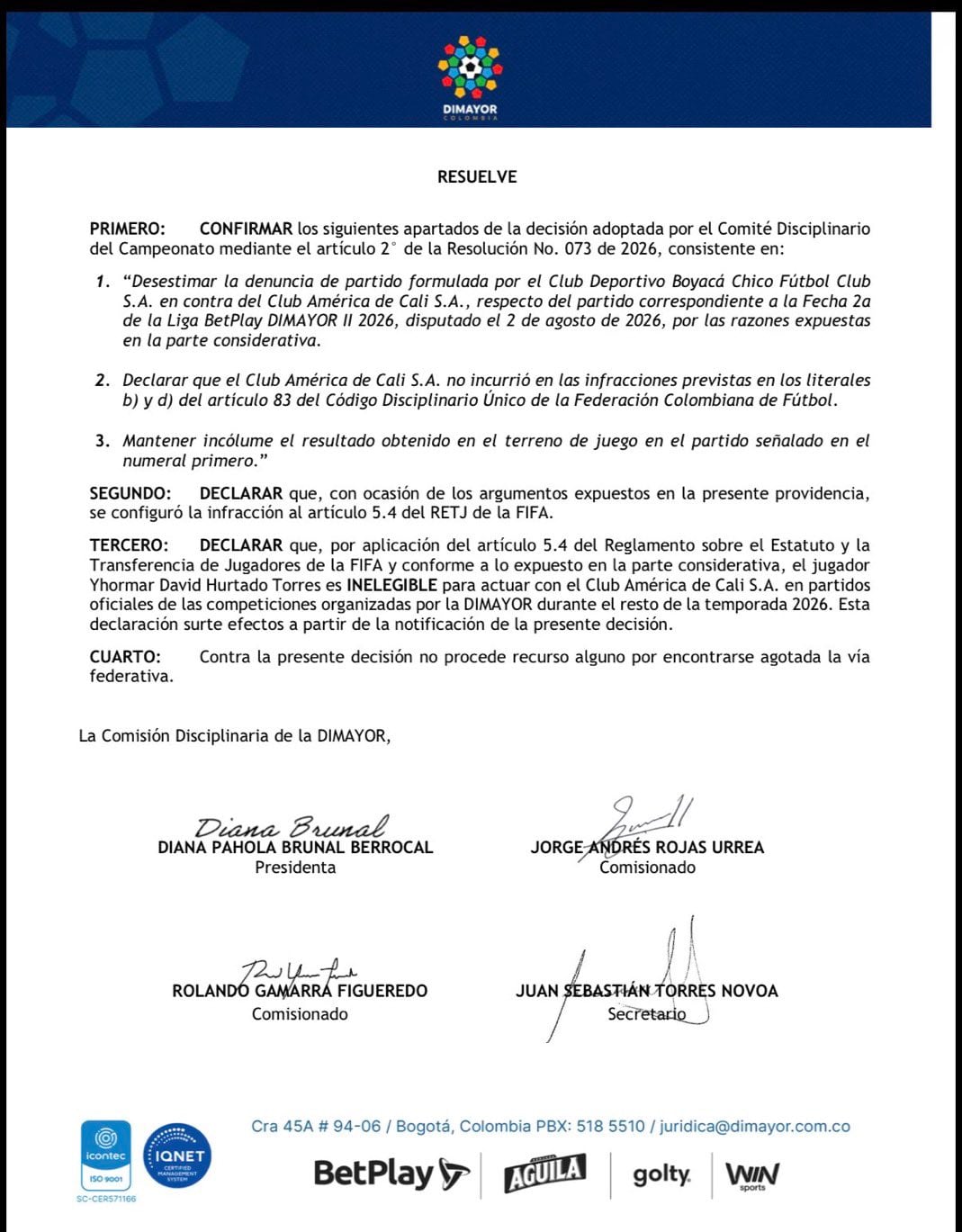 Comunicado de la Dimayor