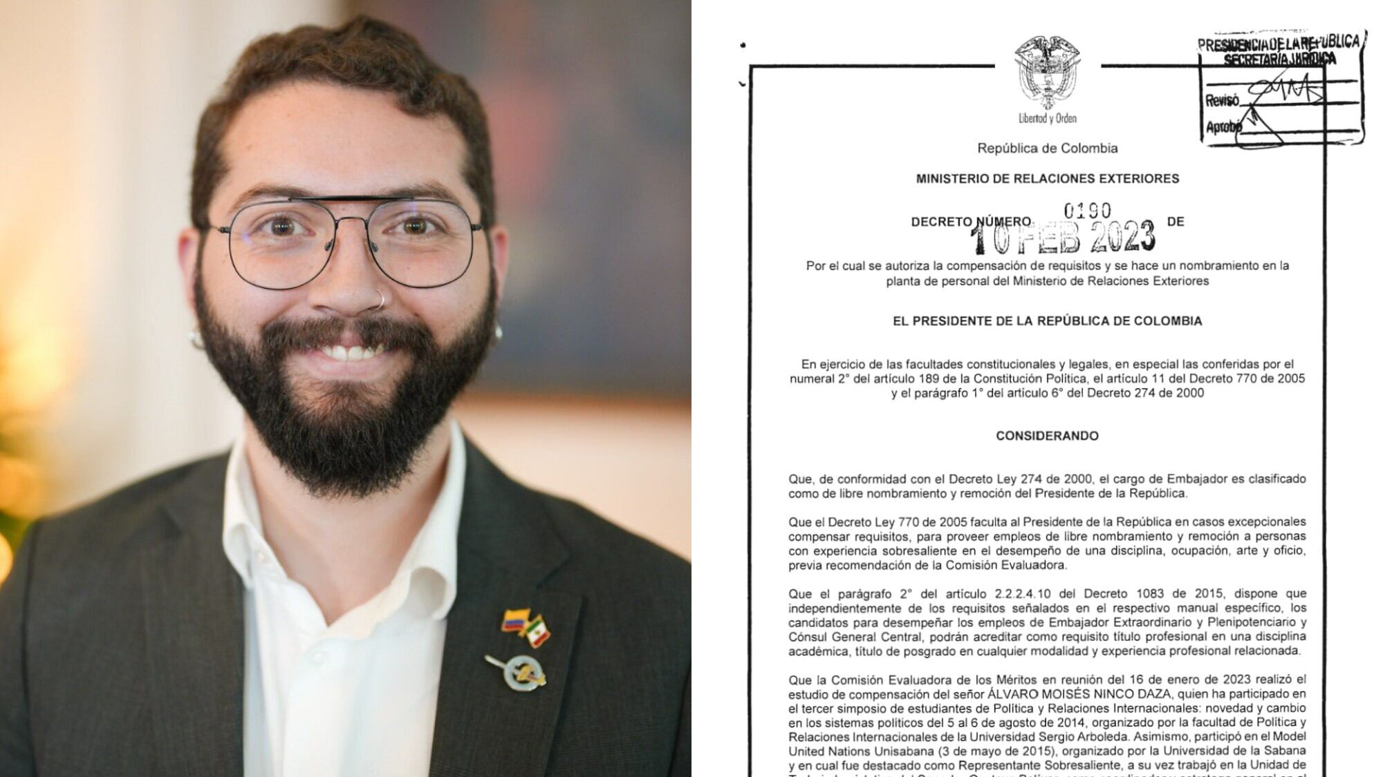 Moisés Ninco, nuevo embajador de Colombia en México, acreditó haber pertenecido a un modelo de Naciones Unidas como experiencia.