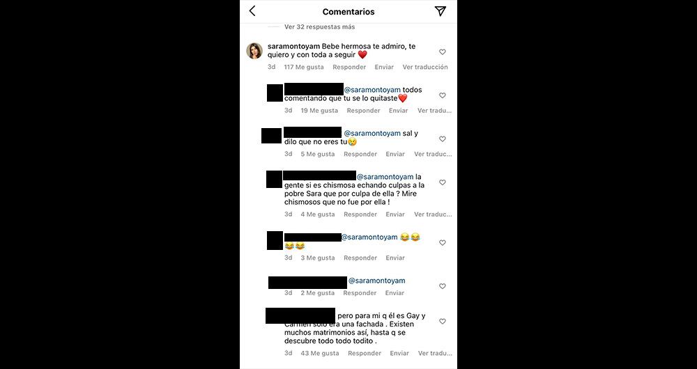Comentario de Sara Montoya en post de Carmen Villalobos - Captura de pantalla @cvillaloboss