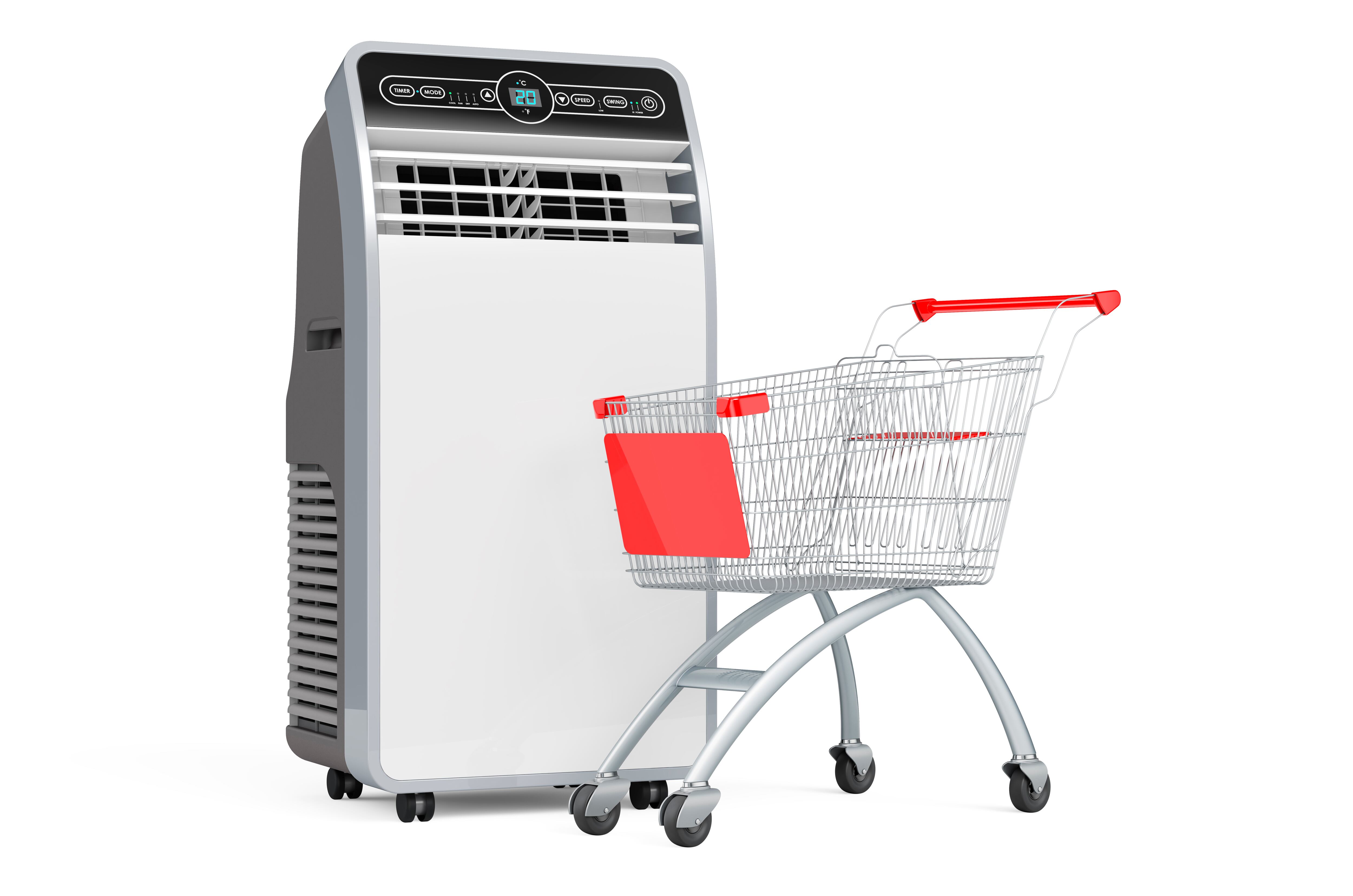 Shopping cart with mobile air conditioner, 3D rendering isolated on White background