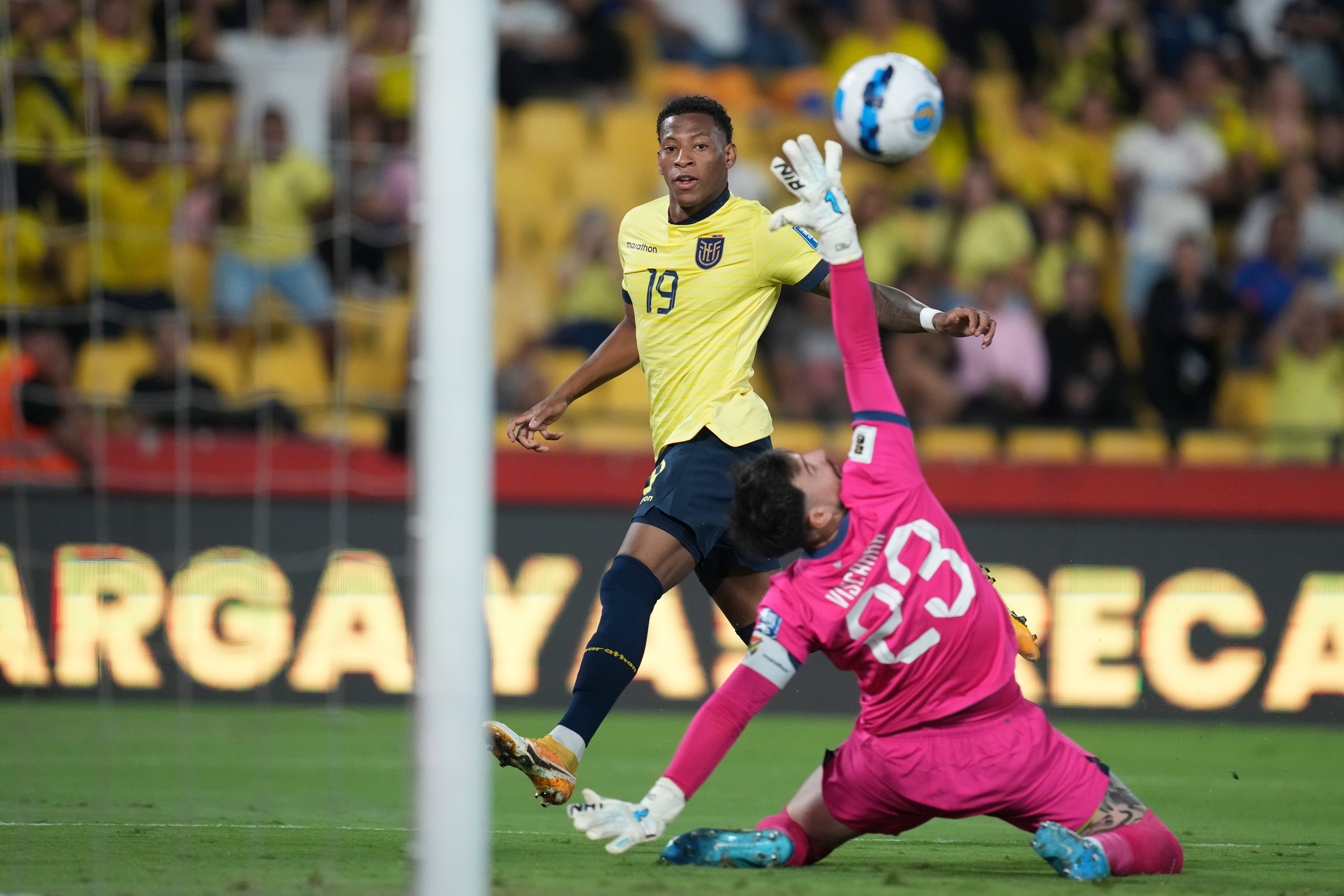 El ecuatoriano Pedro Vite (19) anota el segundo gol de su equipo contra Bolivia durante un partido de clasificación para la Copa Mundial de la FIFA 2026 en el Estadio Monumental Banco Pichincha en Guayaquil, Ecuador, el jueves 14 de noviembre de 2024. (Foto AP/Dolores Ochoa)