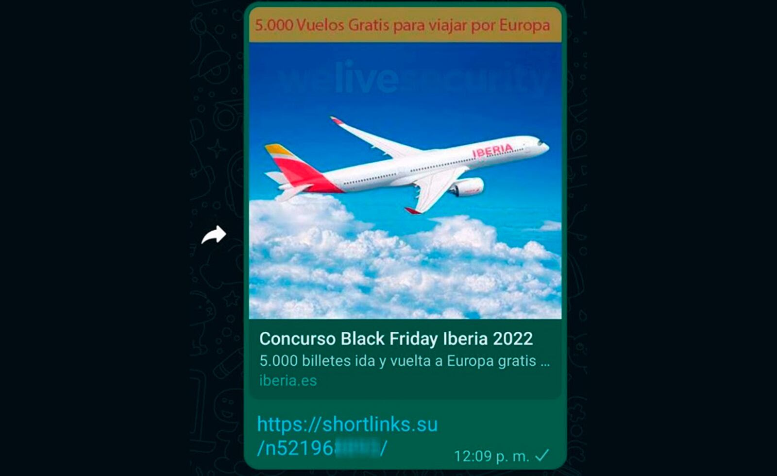 Estafa en WhatsApp sobre supuestos tiquetes gratis a Europa con la aerolínea Iberia.