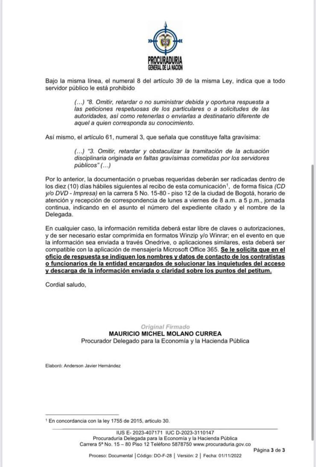 Petición de la Procuraduría a la Gobernación de La Guajira.
