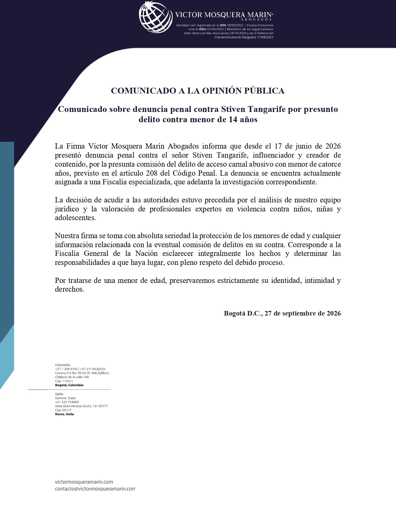 Comunicado sobre denuncia penal contra Stiven Tangarife.
