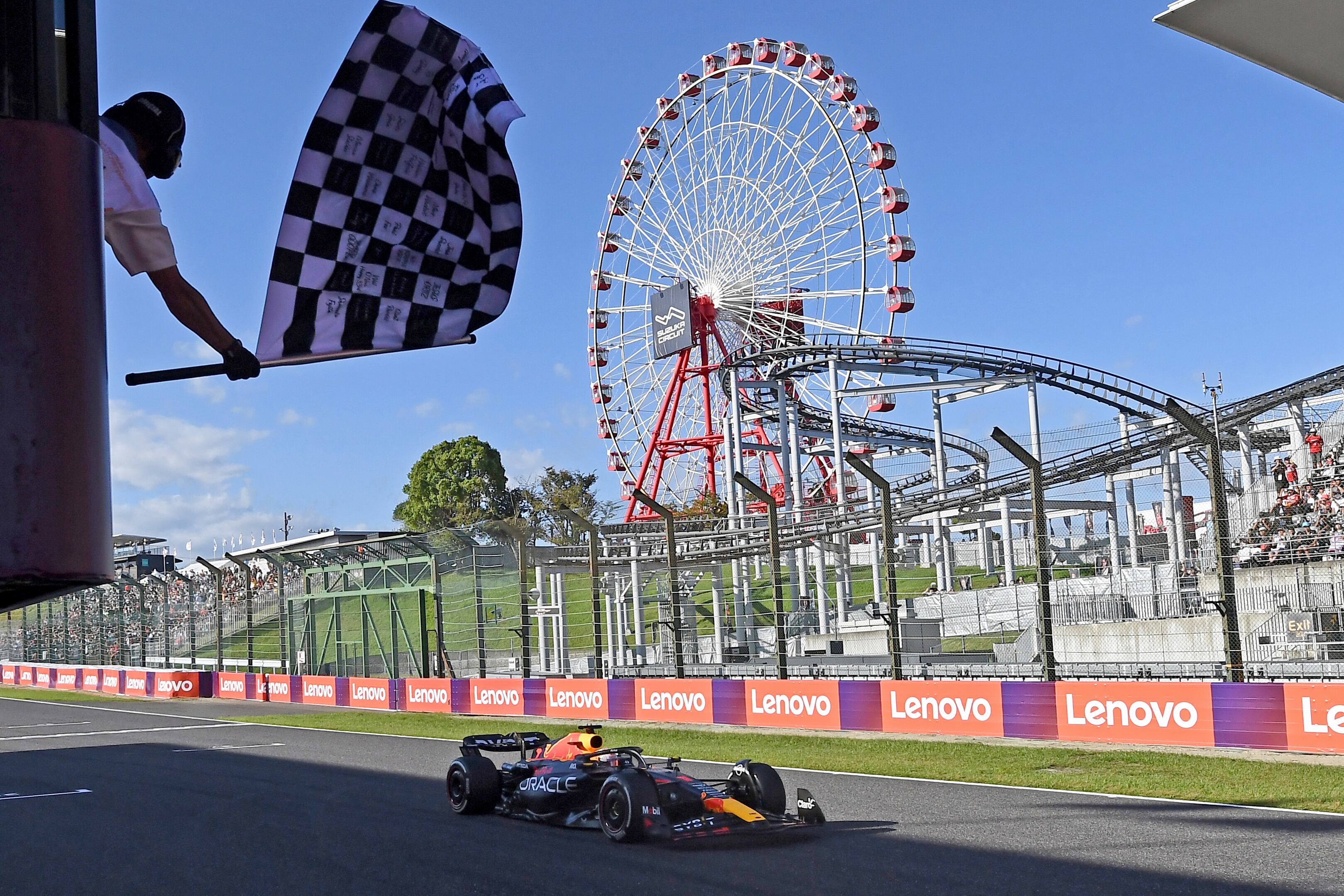 Red Bull driver Max Verstappen of the Netherlands crosses the finish line to win the Japanese Formula One Grand Prix at the Suzuka Circuit, Suzuka, central Japan, Sunday, Sept. 24, 2023. (Toshifumi Kitamura/Pool via AP)