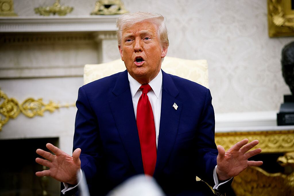 WASHINGTON, DC - APRIL 07: U.S. President Donald Trump speaks during a meeting with Israeli Prime Minister Benjamin Netanyahu in the Oval Office of the White House on April 7, 2025 in Washington, DC. President Trump is meeting with Netanyahu to discuss ongoing efforts to release Israeli hostages from Gaza and newly imposed U.S. tariffs. (Photo by Kevin Dietsch/Getty Images)