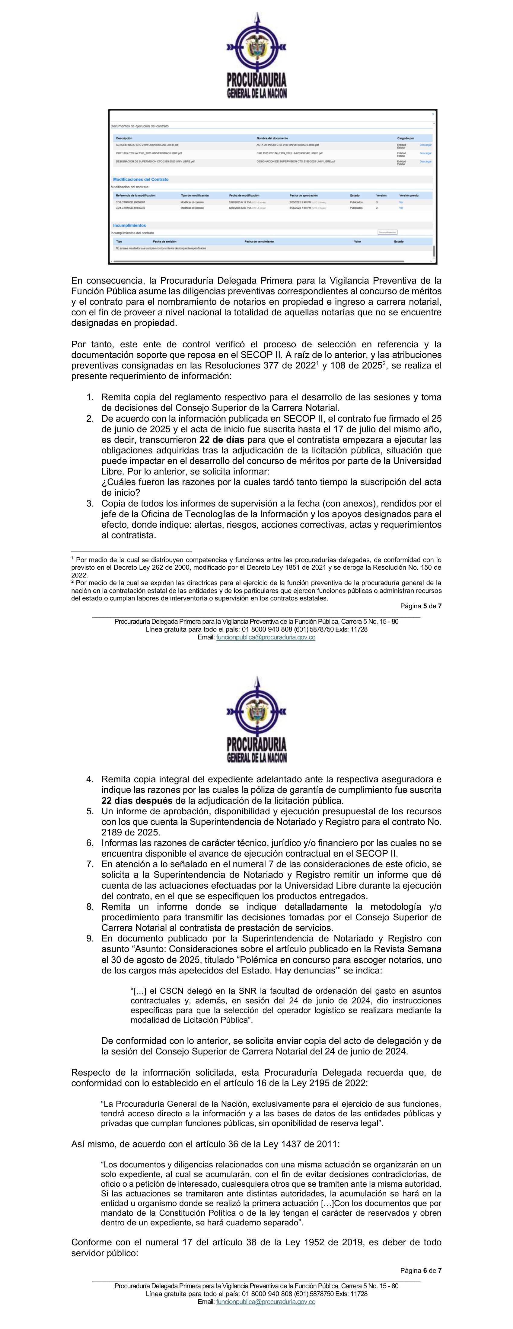 La carta de la Procuraduría sobre las presuntas irregularidades en el concurso de notarios