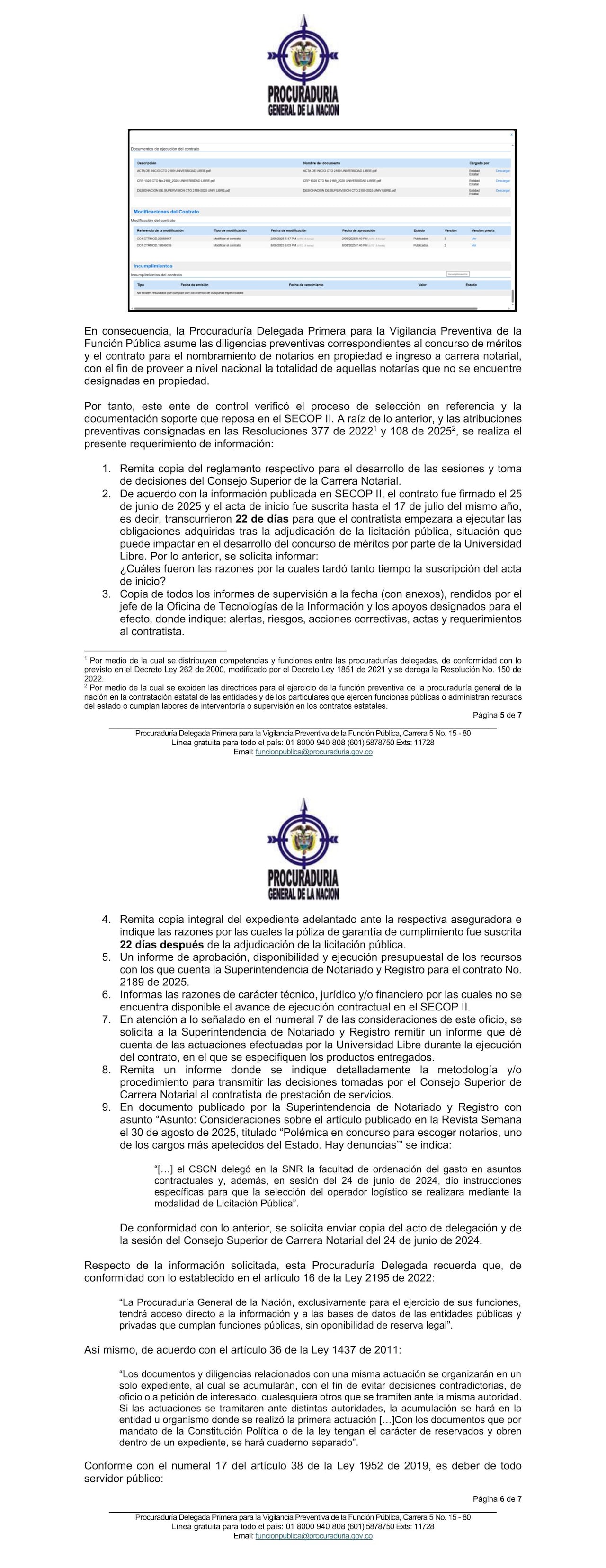 La carta de la Procuraduría sobre las presuntas irregularidades en el concurso de notarios