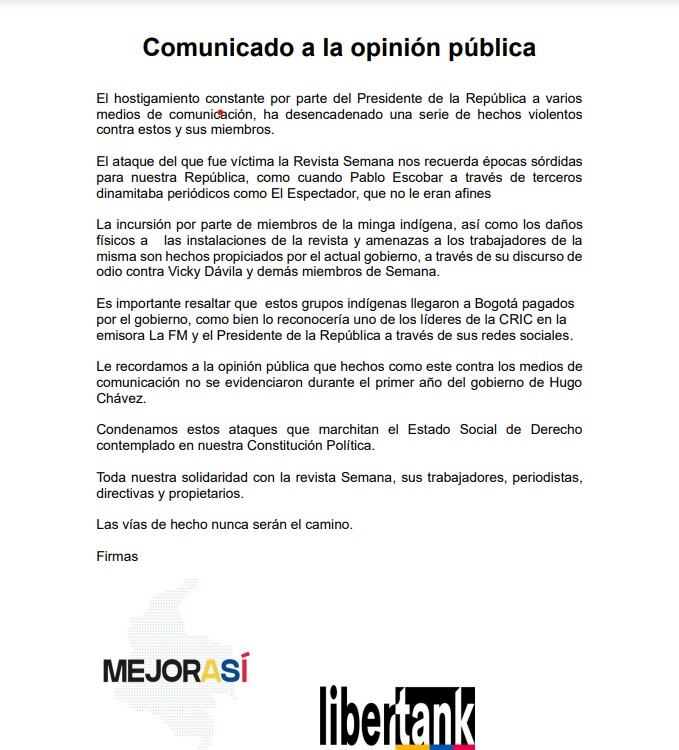 Comunicado en apoyo a SEMANA por parte de instituciones nacionales.