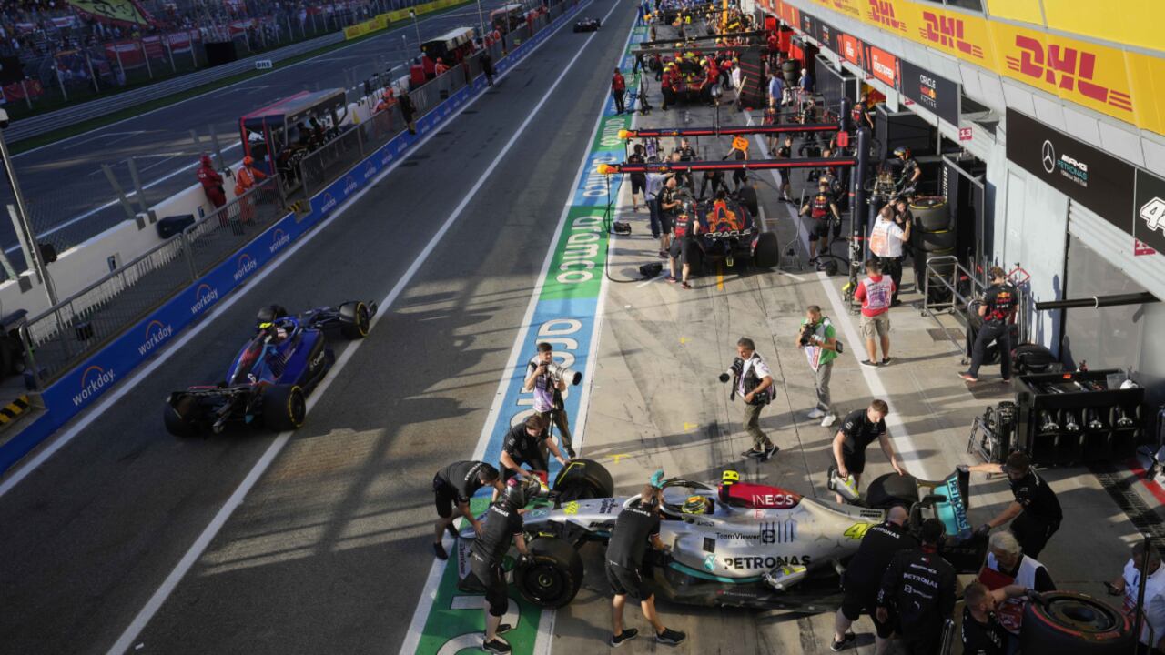 Mercedes driver Lewis Hamilton of Britain gets a pit stop during the second free practice at the Monza racetrack, in Monza, Italy, Friday, Sept. 9, 2022. The Formula one race will be held on Sunday. (AP/Luca Bruno)