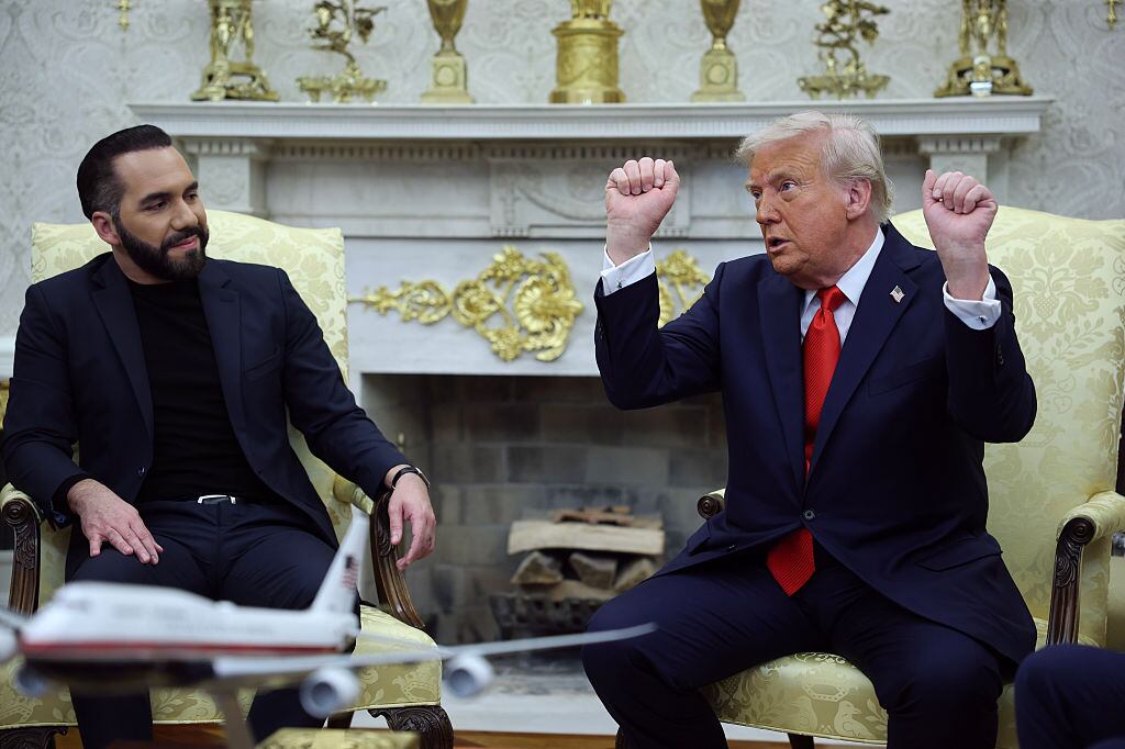 WASHINGTON, DC - APRIL 14: U.S. President Donald Trump  meets with President Nayib Bukele of El Salvador in the Oval Office of the White House April 14, 2025 in Washington, DC. Trump and Bukele were expected to discuss a range of bilateral issues including the detention of Kilmar Armando Abrego Garcia, who has been held in a prison in El Salvador since March 15.  (Photo by Win McNamee/Getty Images)