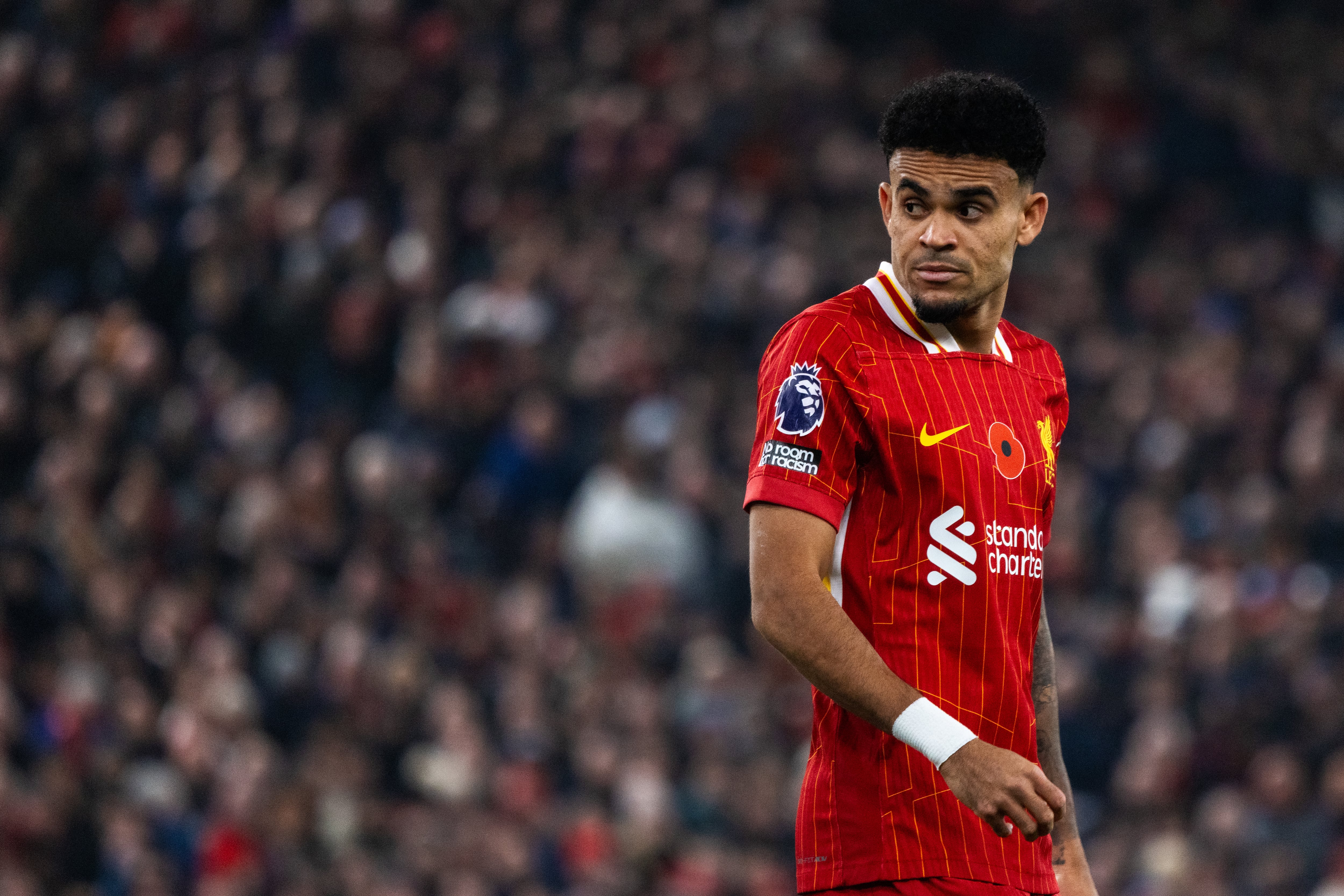 LIVERPOOL, ENGLAND - NOVEMBER 09: (THE SUN OUT, THE SUN ON SUNDAY OUT) Luis Díaz of Liverpool during the Premier League match between Liverpool FC and Aston Villa FC at Anfield on November 09, 2024 in Liverpool, England. (Photo by Nikki Dyer - LFC/Liverpool FC via Getty Images)