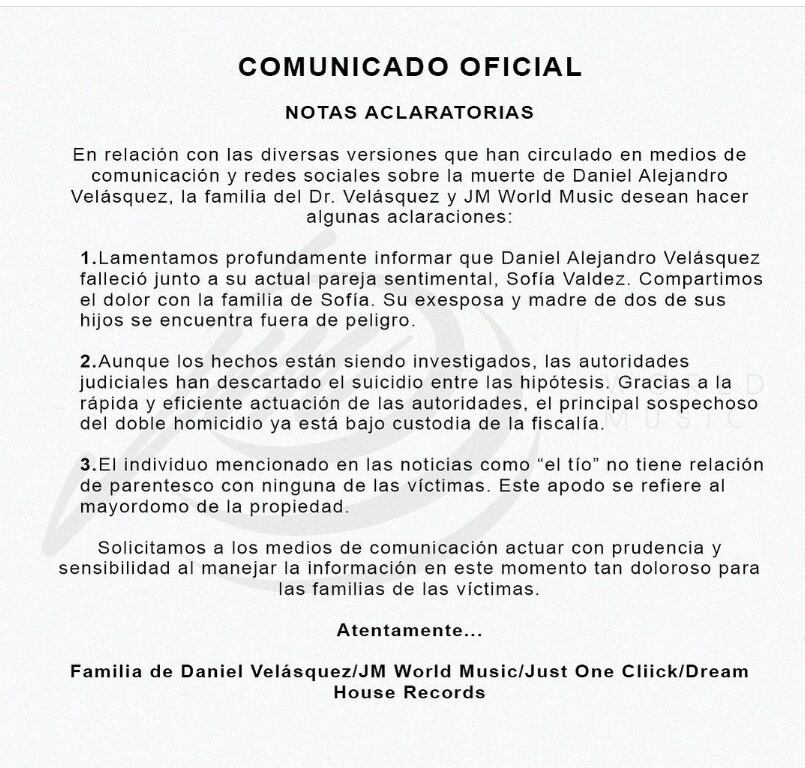 Comunicado de la familia de Dr. Velásquez tras su muerte y la de su esposa.