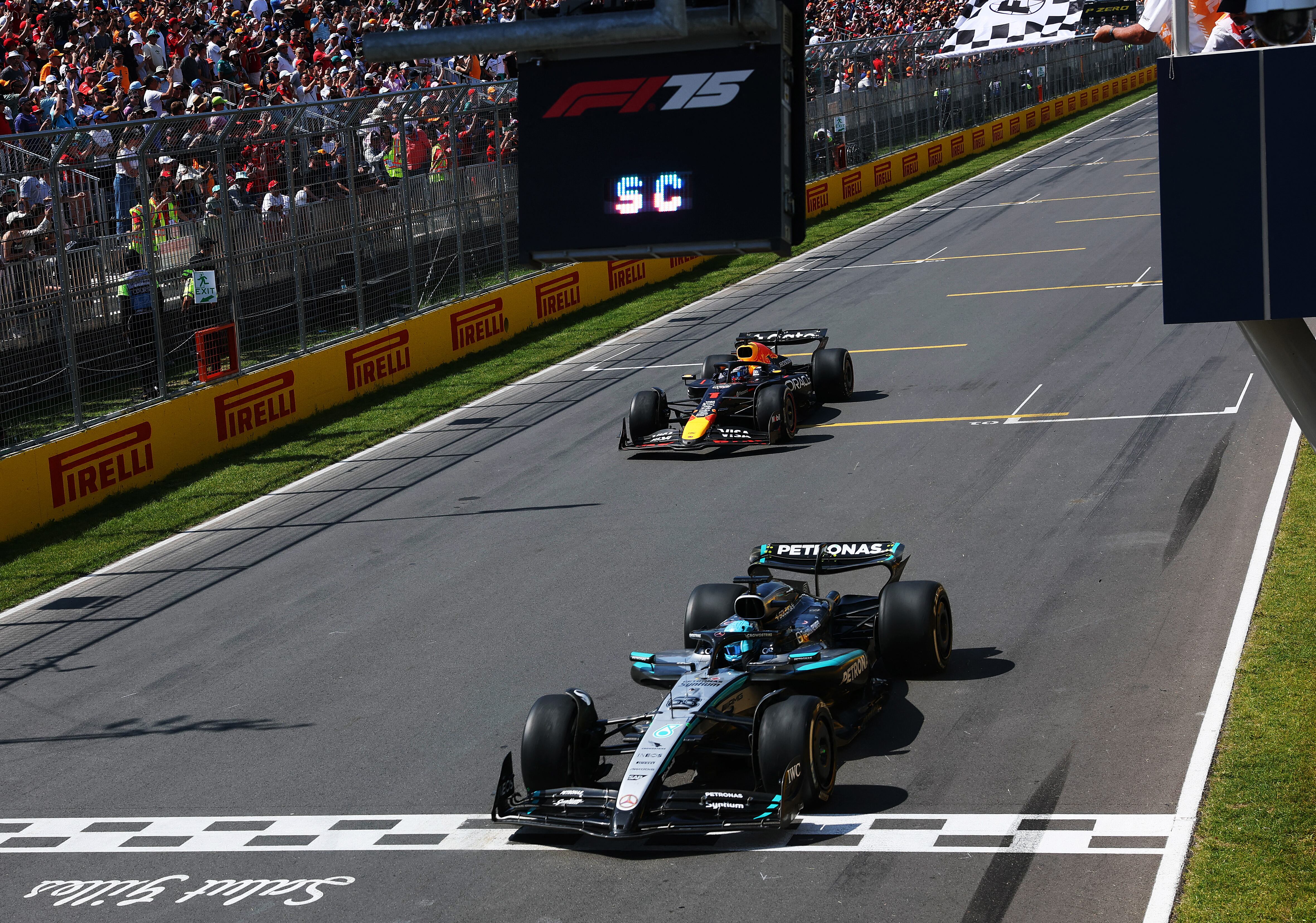 George Russell cruzando la meta del Gran Premio de Canadá.