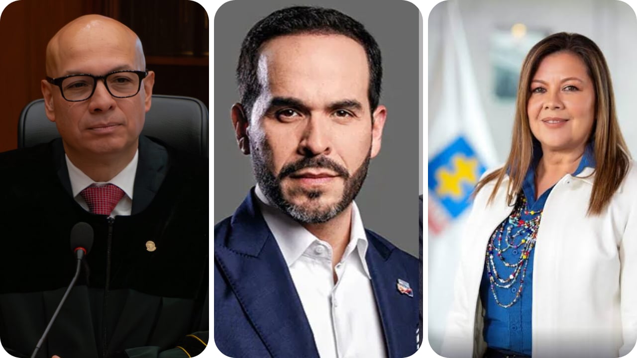 Luz Adriana Camargo (derecha) y Mauricio Lenis (izquierda) estarán entre los asistentes al acto de investidura de De La Espriella (centro) como presidente de Colombia.