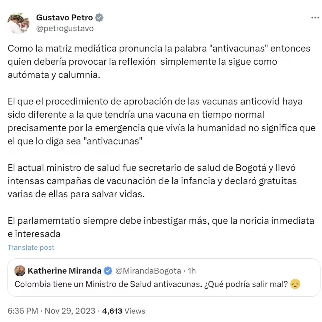 Una discusión en la que Miranda mostró que las vacunas de la covid-19 salvaron vidas.