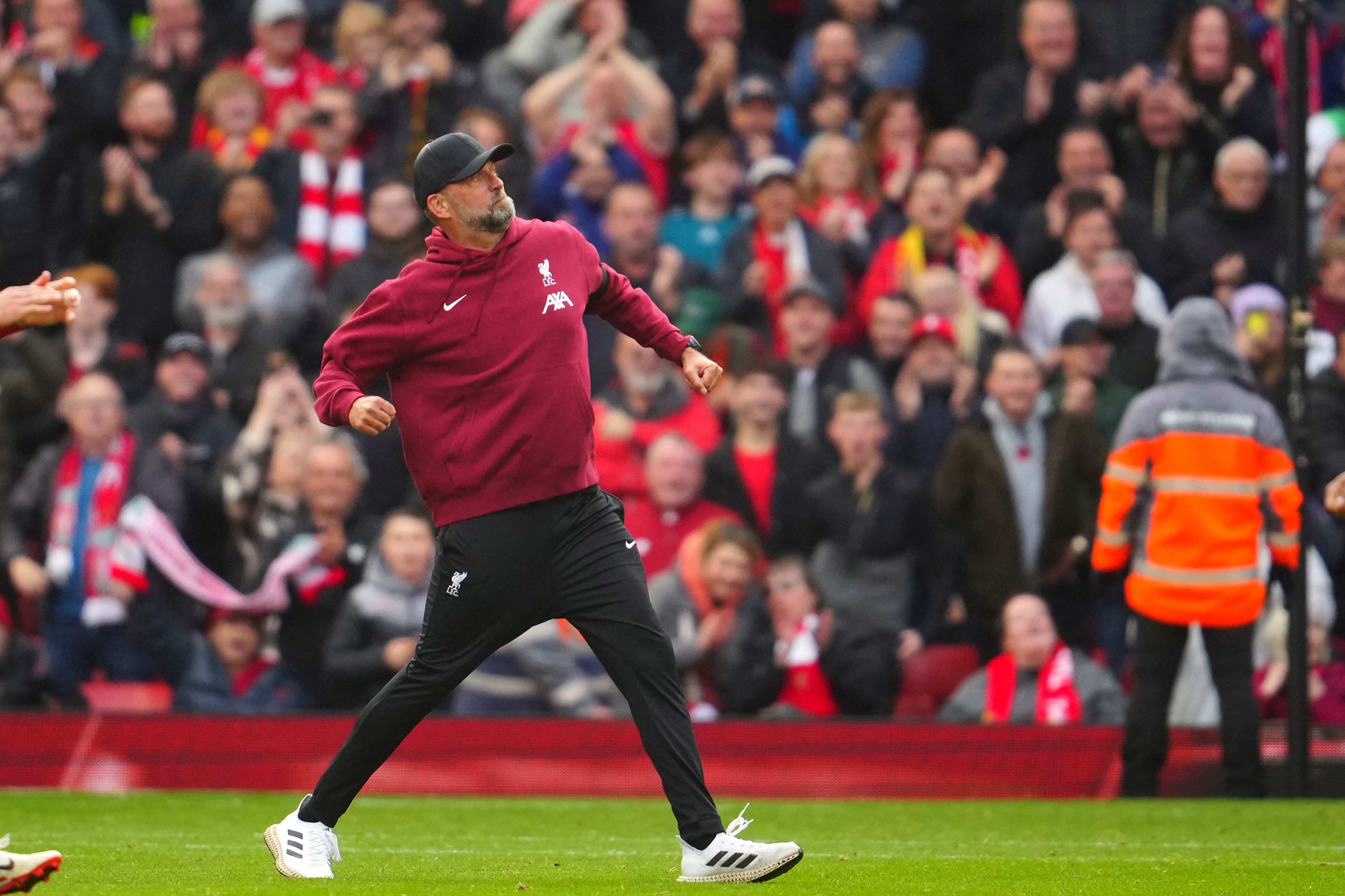 Liverpool's manager Jurgen Klopp celebrates their victory at the English Premier League soccer match between Liverpool and Everton, at Anfield in Liverpool, England, Saturday, Oct. 21, 2023. (AP Photo/Jon Super)