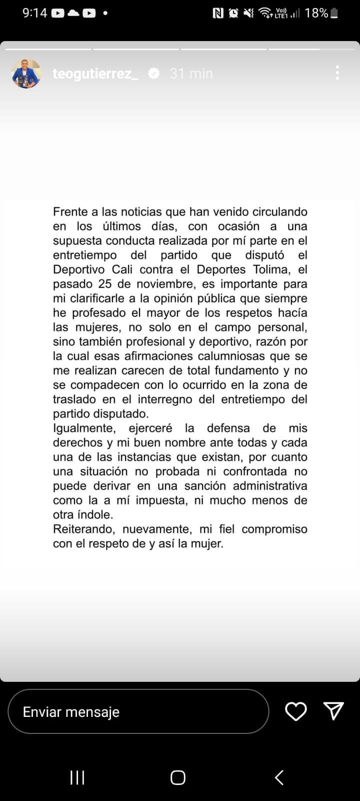 Comunicado de Teófilo Gutiérrez ante las acusaciones de agredir a una mujer