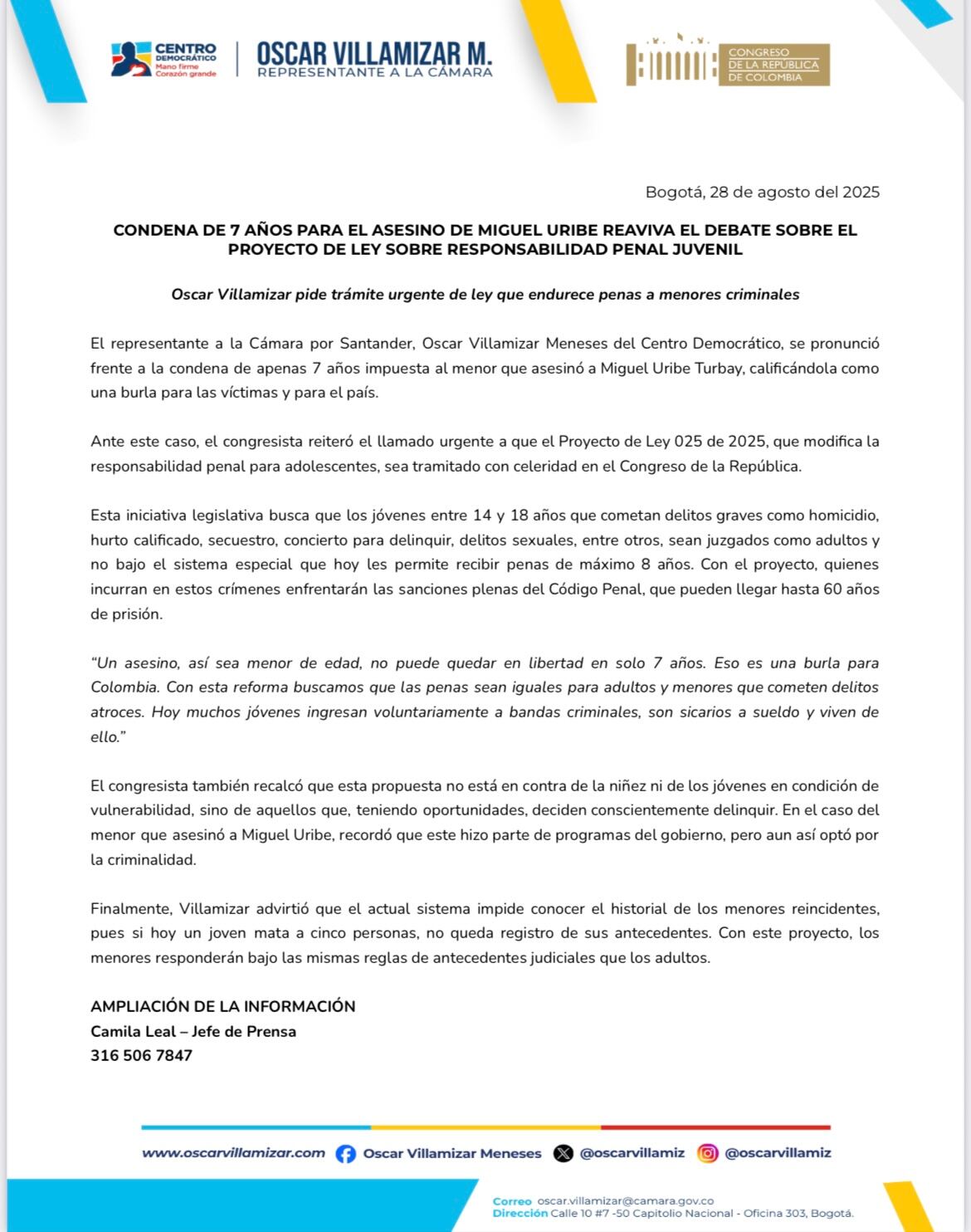Comunicado representante a la cámara del Centro Democrático Oscar Villamizar Meneses