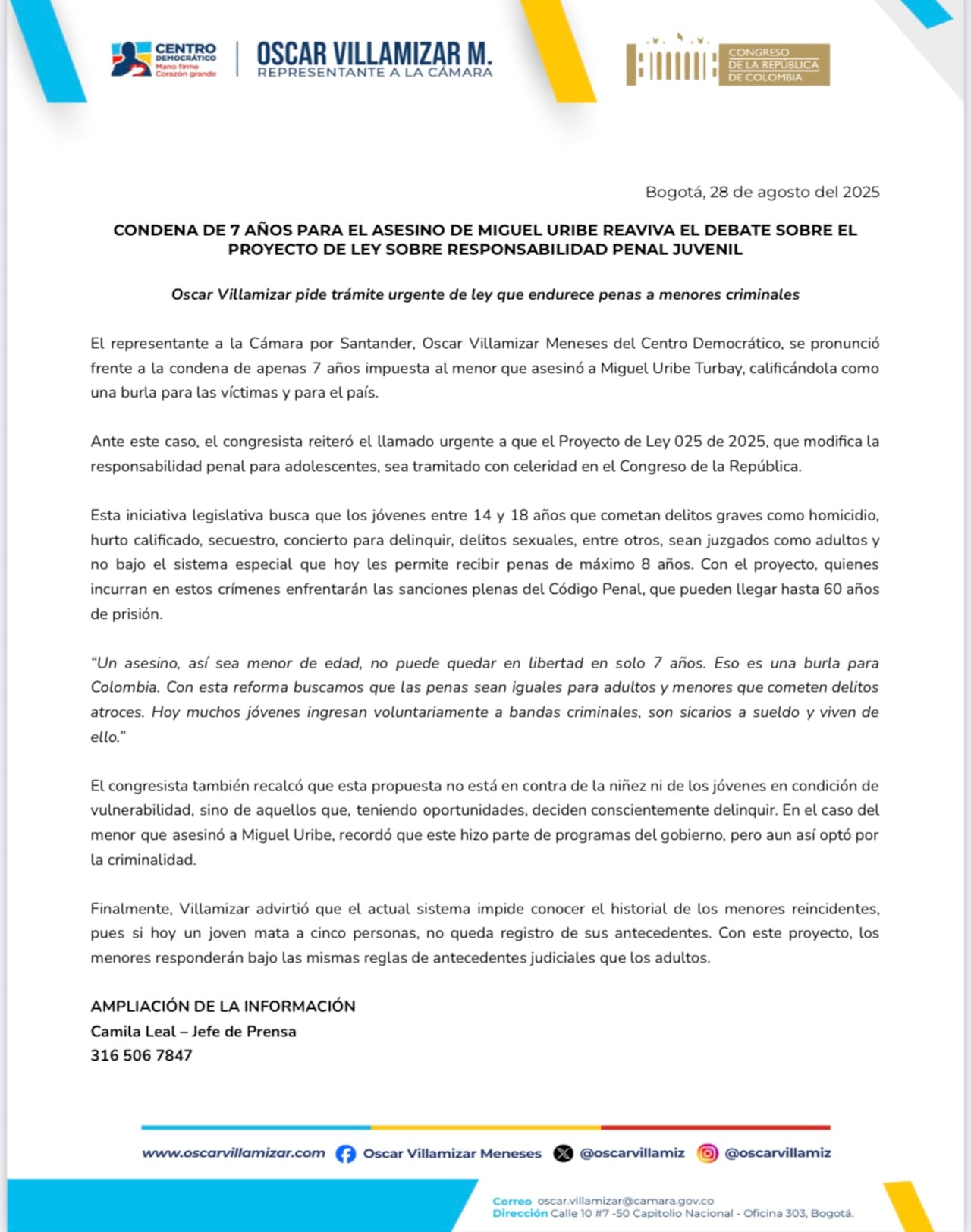 Comunicado representante a la cámara del Centro Democrático Oscar Villamizar Meneses
