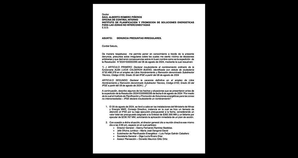 Carta de Alba Lucía Calderón, exfuncionaria del Ipse, en la que denuncia que fue retirada de su cargo por pedir transparencia en la ejecución de más de 238.000 millones de pesos.