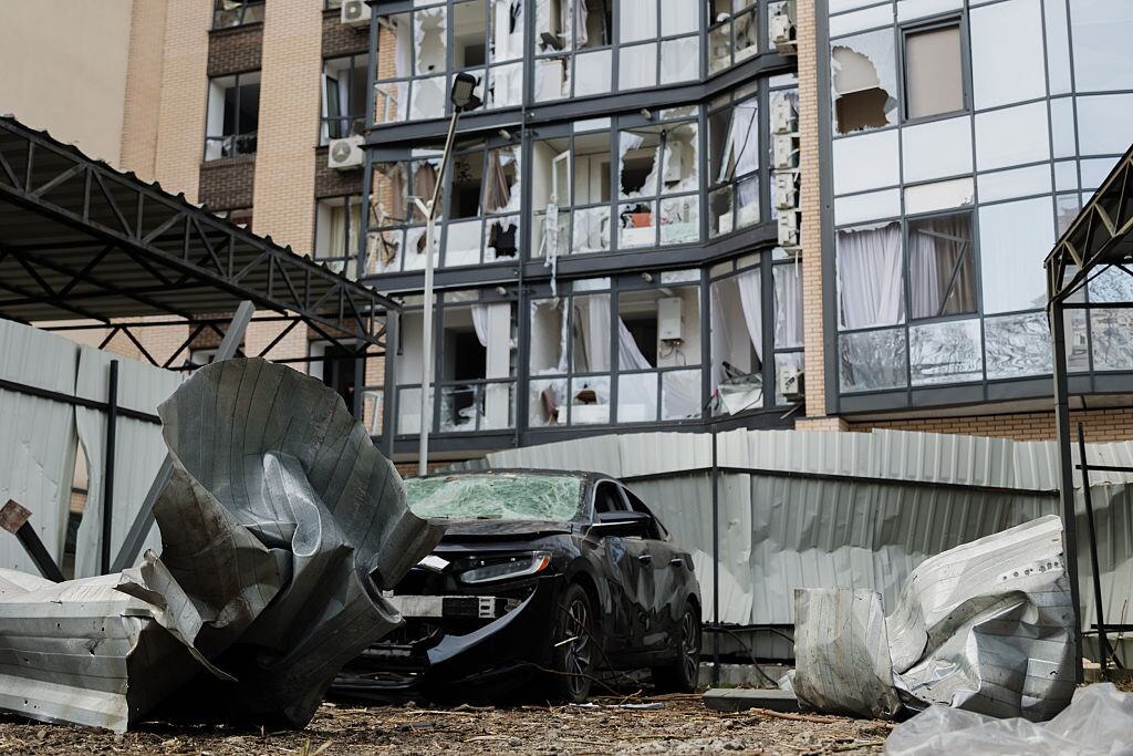 DNIPRO, UKRAINE - MARCH 27: (----EDITORIAL USE ONLY - MANDATORY CREDIT - 'DNIPRO REGIONAL MILITARY ADMINISTRATION OF UKRAINE / HANDOUT' - NO MARKETING NO ADVERTISING CAMPAIGNS - DISTRIBUTED AS A SERVICE TO CLIENTS---- HANDOUT' - NO MARKETING NO ADVERTISING CAMPAIGNS - DISTRIBUTED AS A SERVICE TO CLIENTS----) A view of the damaged building after the Russian drone attack on Dnipro in the Dnipropetrovsk region of Ukraine on March 27, 2025. As a result of the attacks, three civilians were injured. Significant damage was caused to businesses, educational and cultural institutions, as well as more than ten multi-story residential buildings. Over 60 cars, including several trucks, were also damaged. (Photo by Dnipropetrovsk Reg. Mil. Admin./Anadolu via Getty Images)